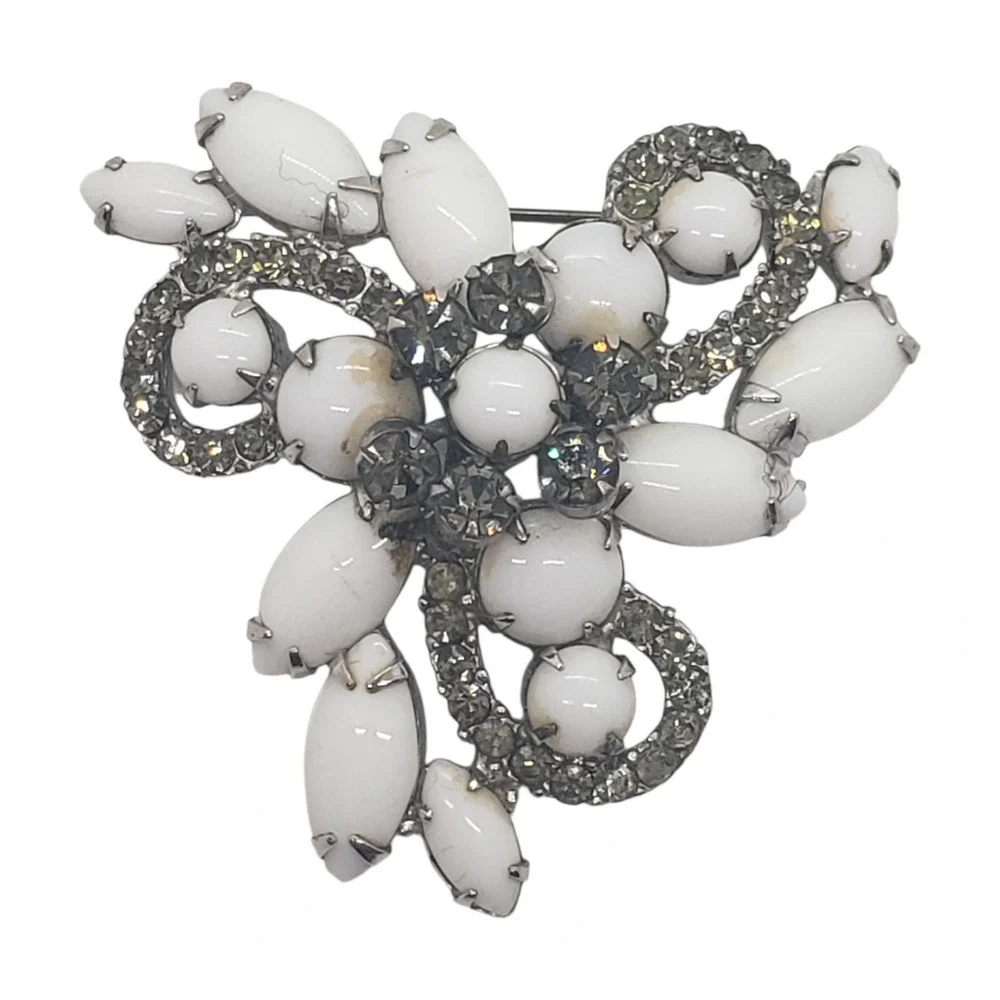 Vintage Milk Glass Rhinestone Brooch Pin White Navette Floral Swirl 1950s